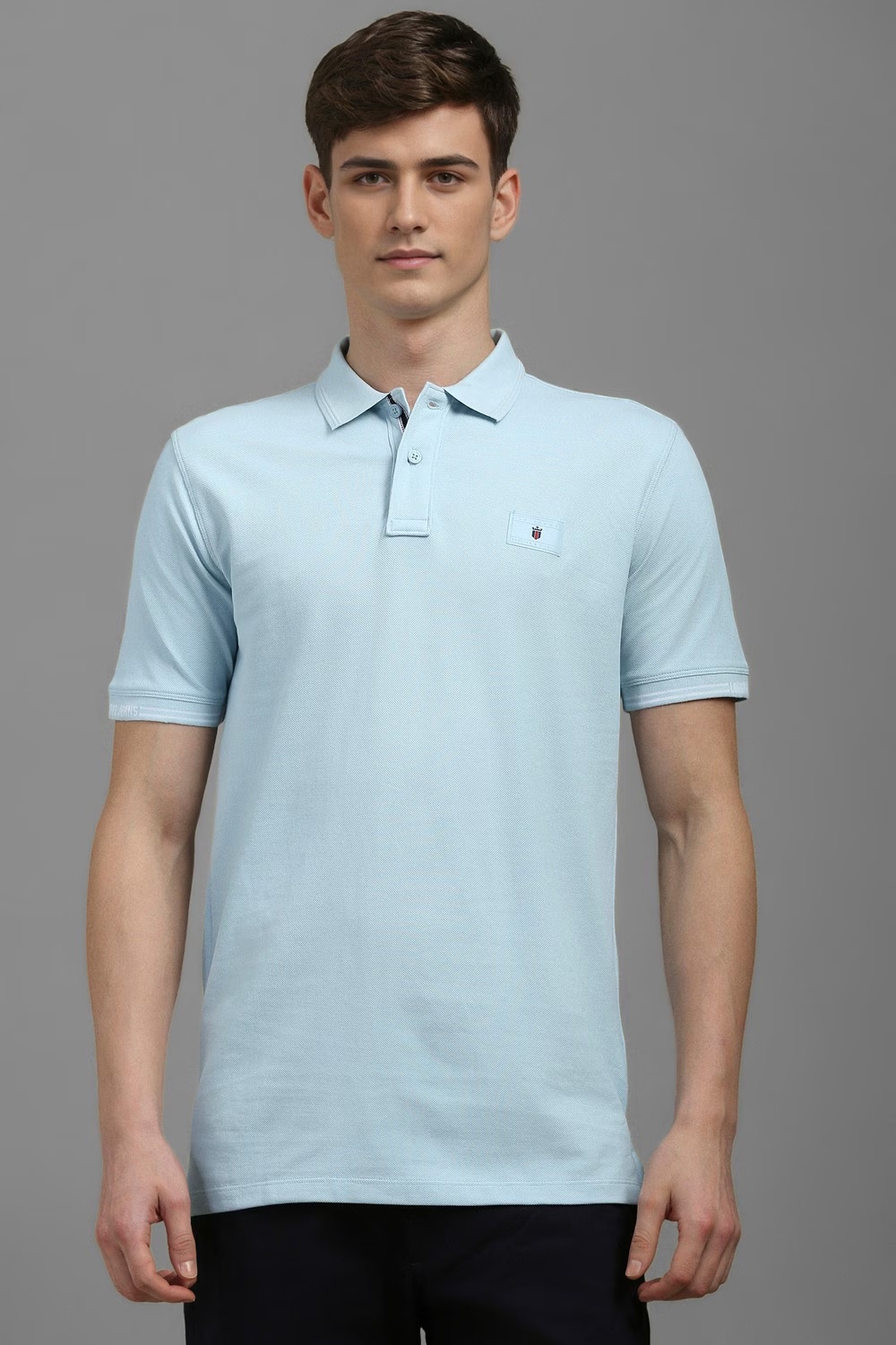 Men Light Blue Textured Polo Neck T-shirt-Light Blue