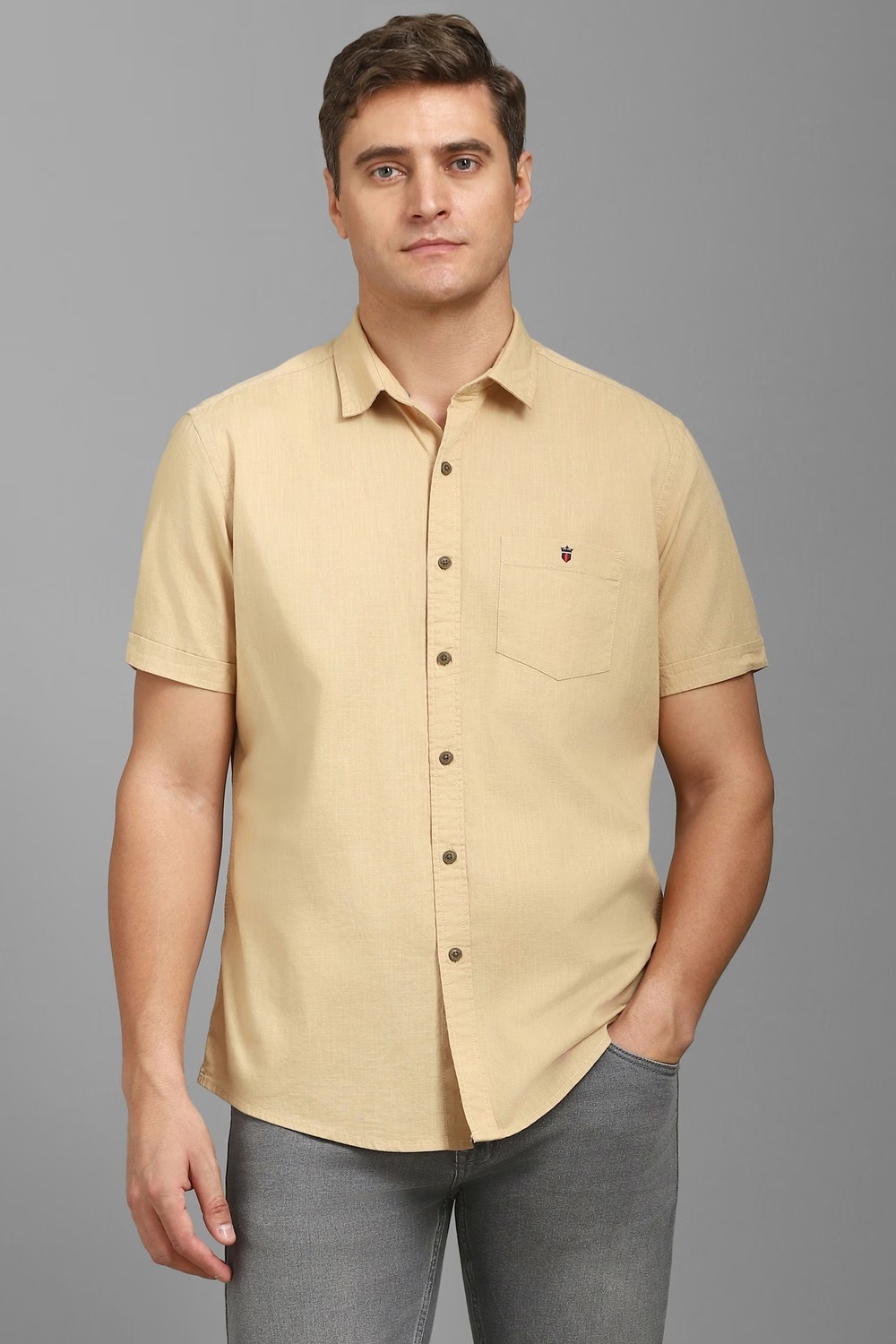 Men Beige Solid Half Sleeves Casual Shirt-Beige
