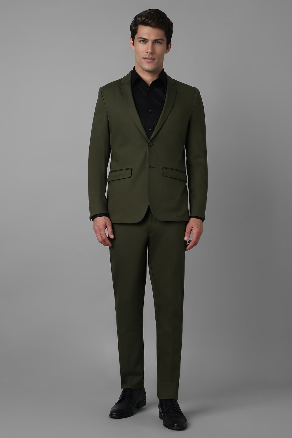 Men Olive Slim Fit Solid Formal Two Piece Suit-Olive