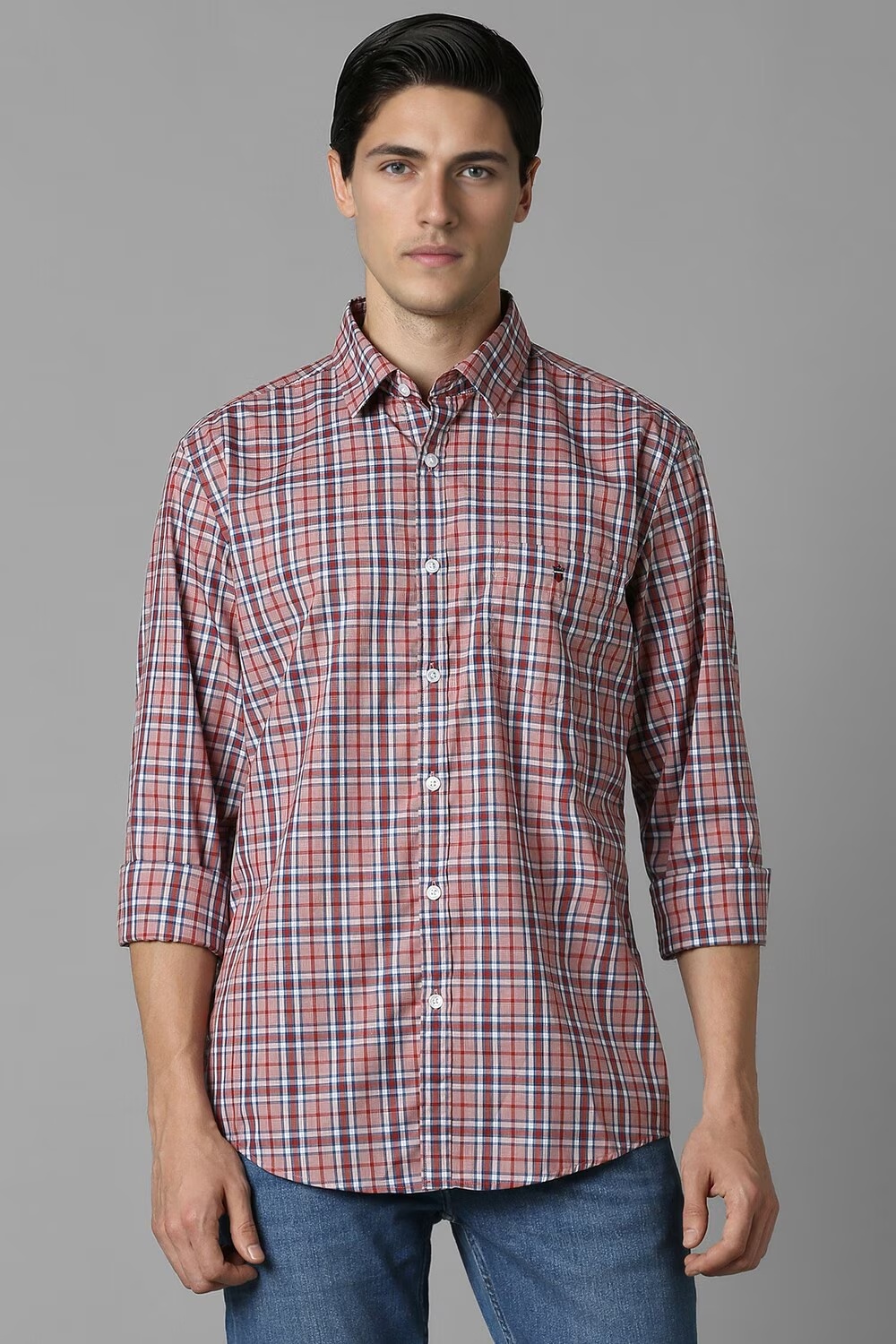 Men Red Slim Fit Check Full Sleeves Casual Shirt-Red