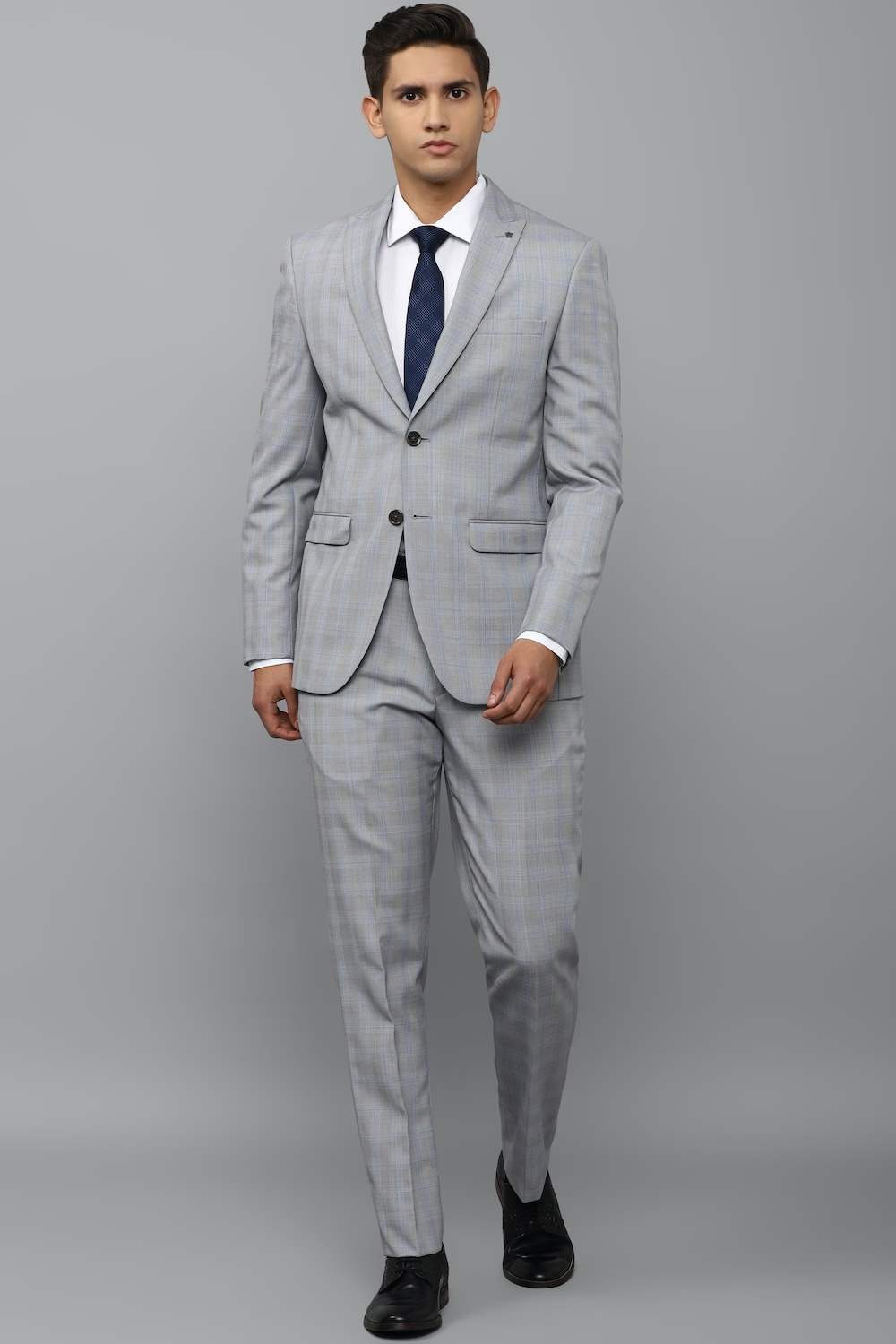 Men Grey Slim Fit Check Formal Two Piece Suit-Grey