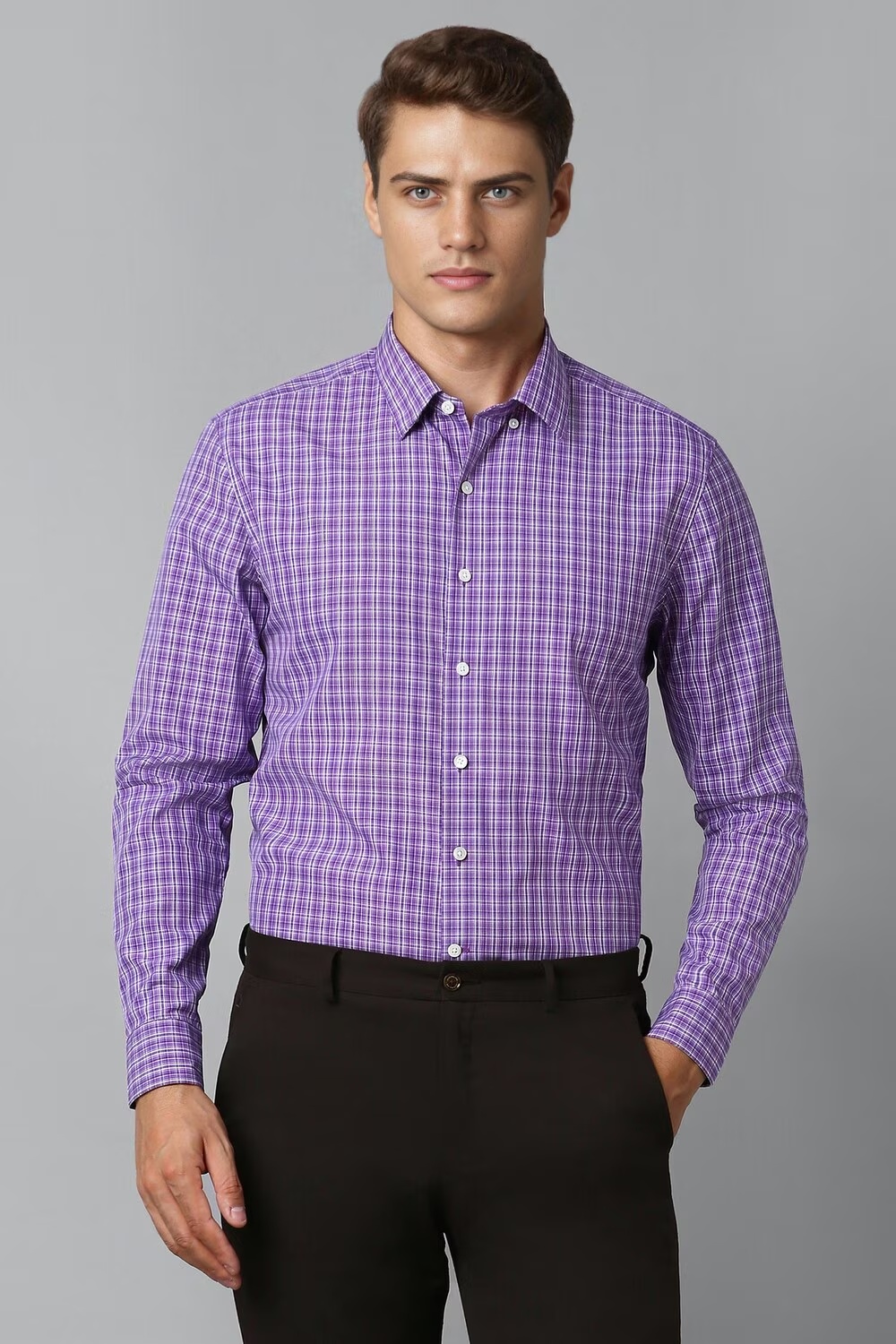 Men Purple Classic Fit Check Full Sleeves Formal Shirt-Purple