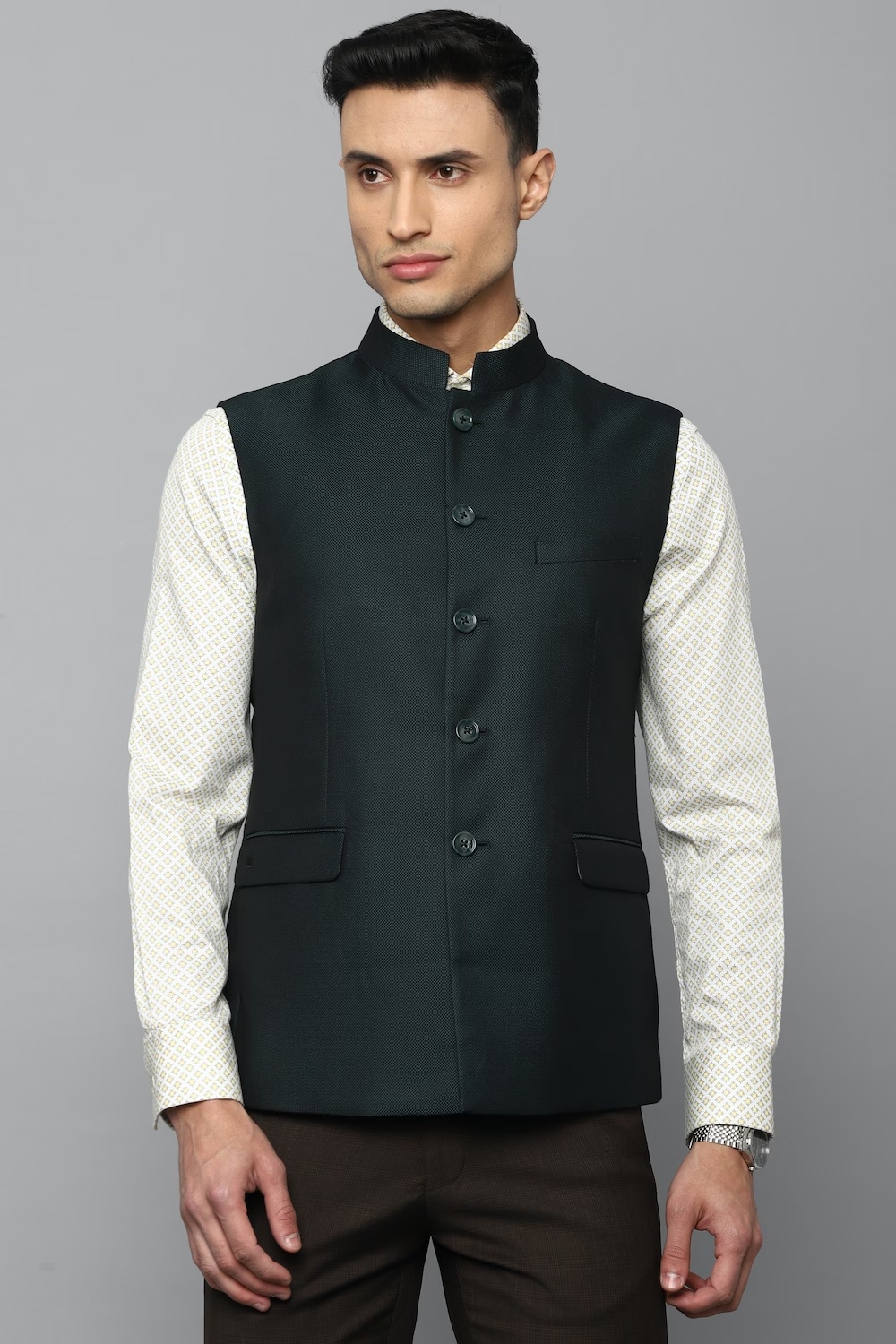 Men Green Textured Slim Fit Party Nehru Jacket-Green