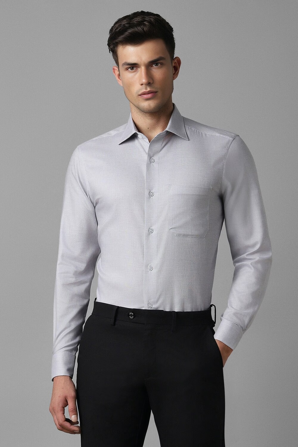 Men Grey Classic Fit Textured Full Sleeves Formal Shirt-Grey