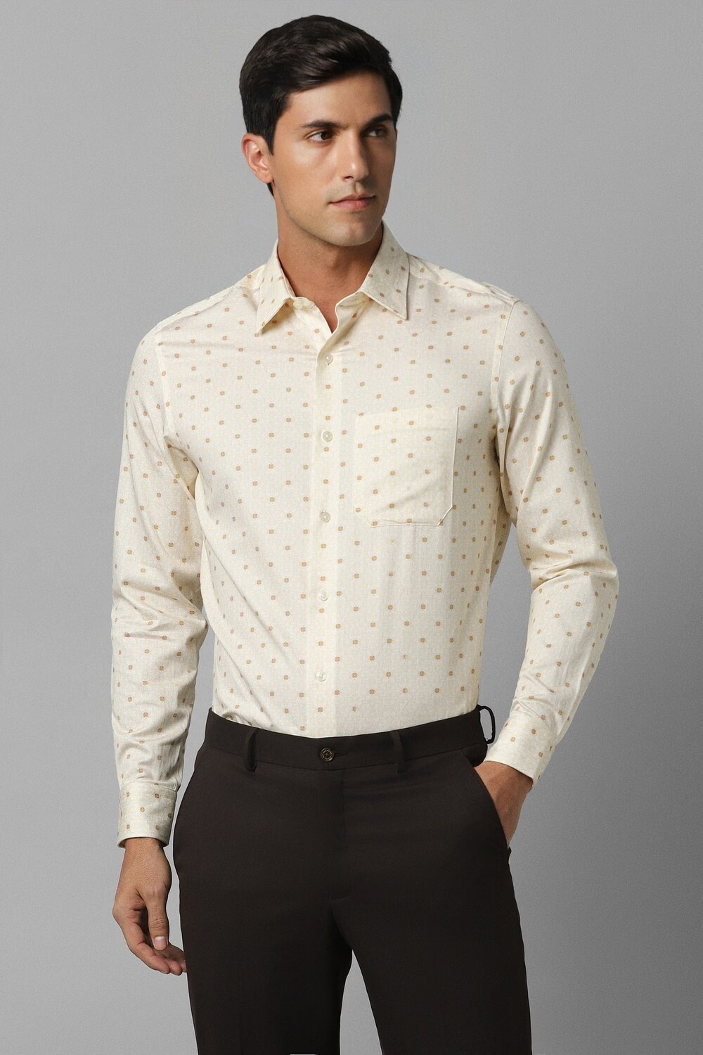 Men Cream Classic Fit Print Full Sleeves Formal Shirt-Cream