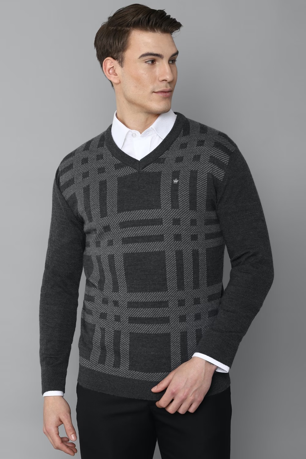 Men Grey Check V Neck Full Sleeves Sweater-Grey