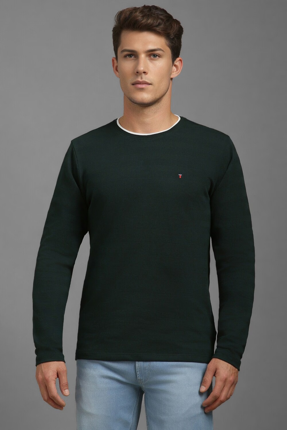 Men Green Textured Crew Neck T-shirt-Green