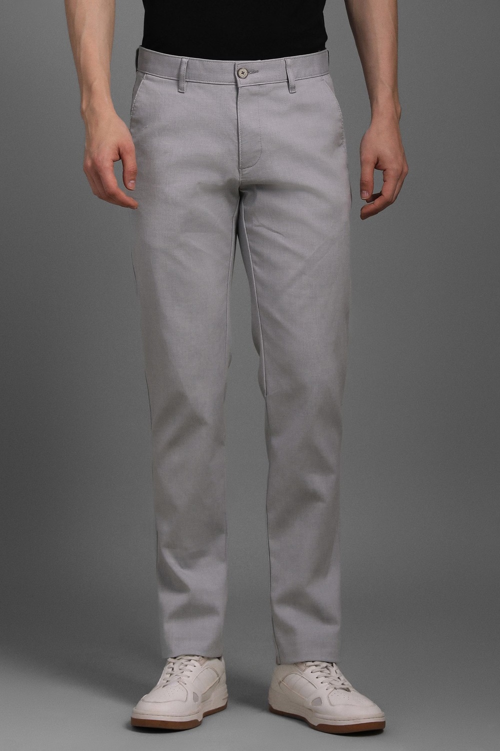 Men Grey Textured Flat Front Casual Trousers-Grey