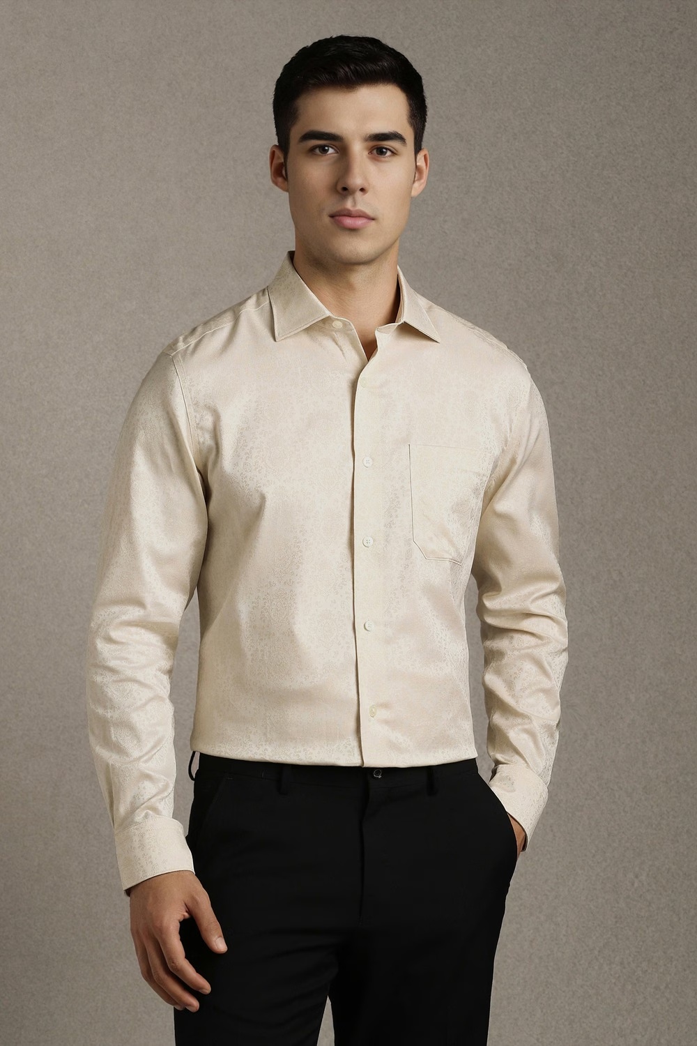 Men Beige Print Full Sleeves Formal Shirt-Beige