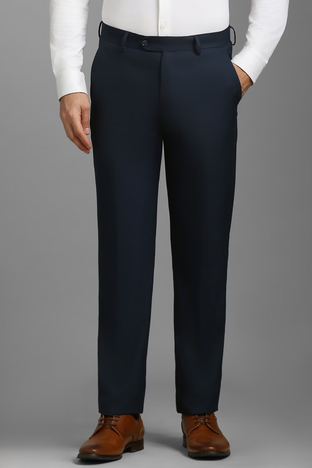 Men Navy Slim Fit Textured Flat Front Formal Trousers-Navy