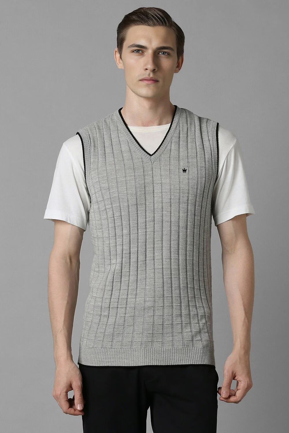 Men Grey Patterned V Neck Sleeveless Sweater-Grey