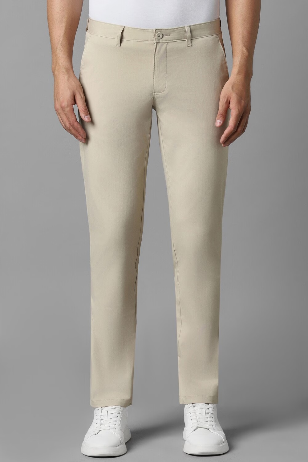 Men Beige Slim Fit Solid Casual Trousers-Beige