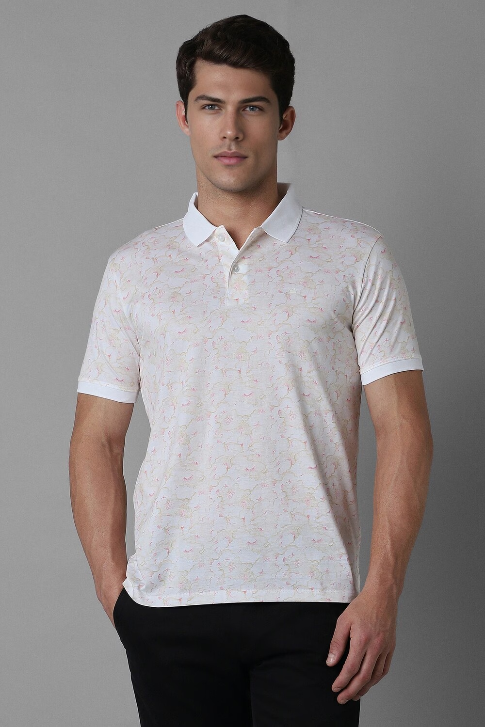 Men White Print Polo Neck T-shirt-White