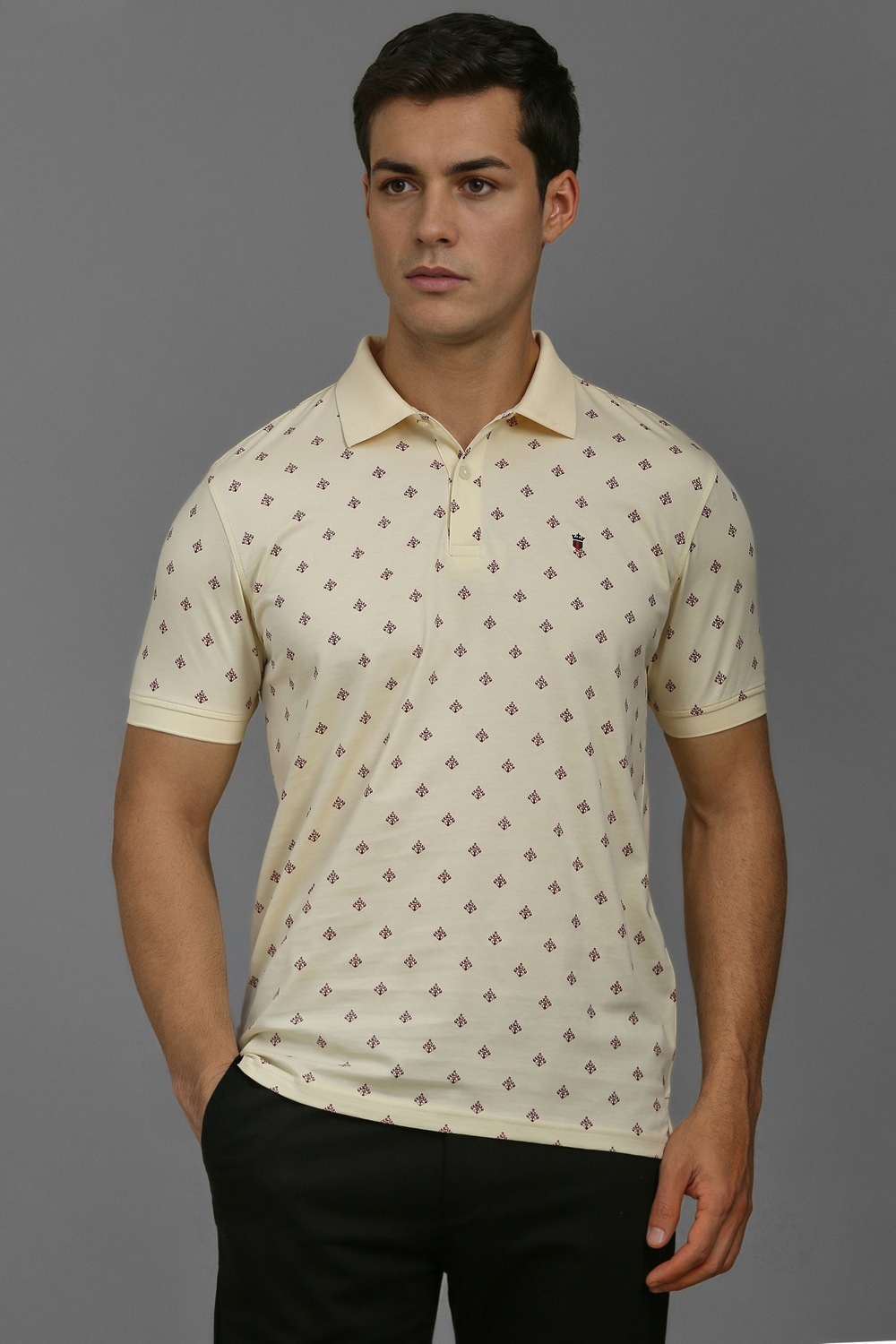 Men Beige Print Polo Neck T-shirt-Beige