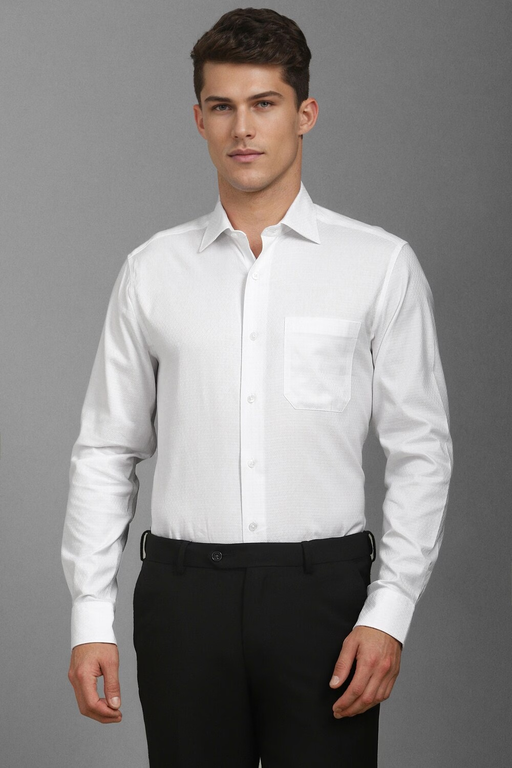 Men White Classic Fit Textured Full Sleeves Formal Shirt-White