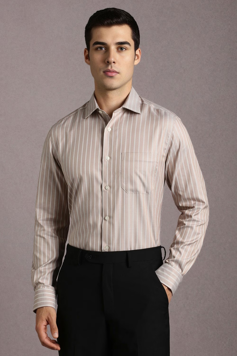 Men Beige Stripe Full Sleeves Formal Shirt-Beige