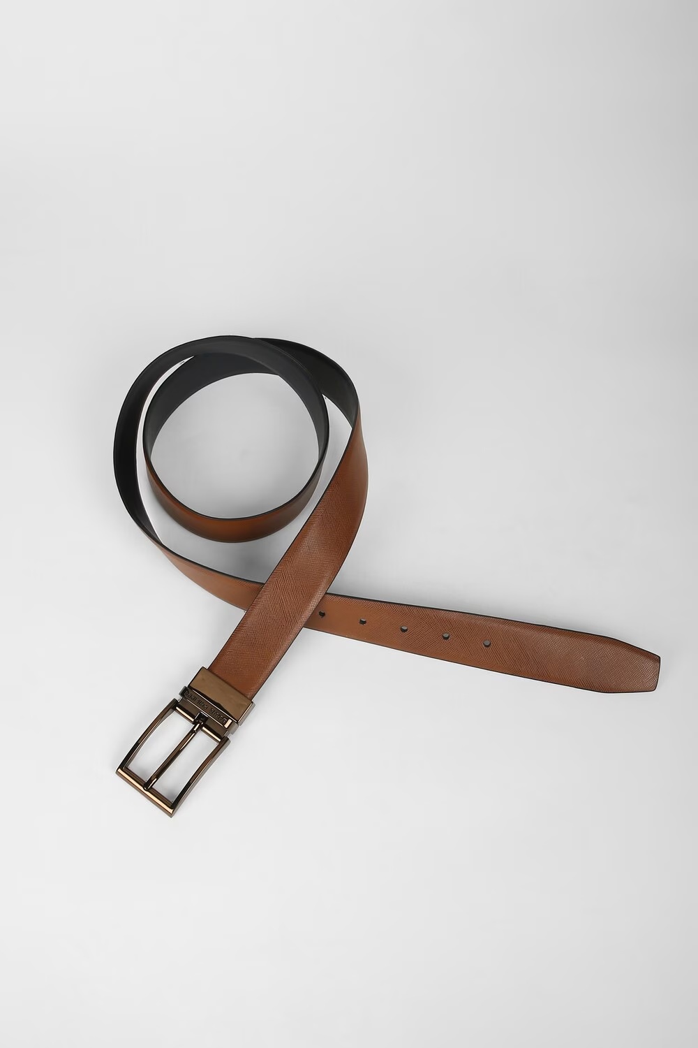 Louis Philippe Men Black & Brown Textured Reversible Formal Italian Leather with Coffee Gold Buckle Belt-Brown