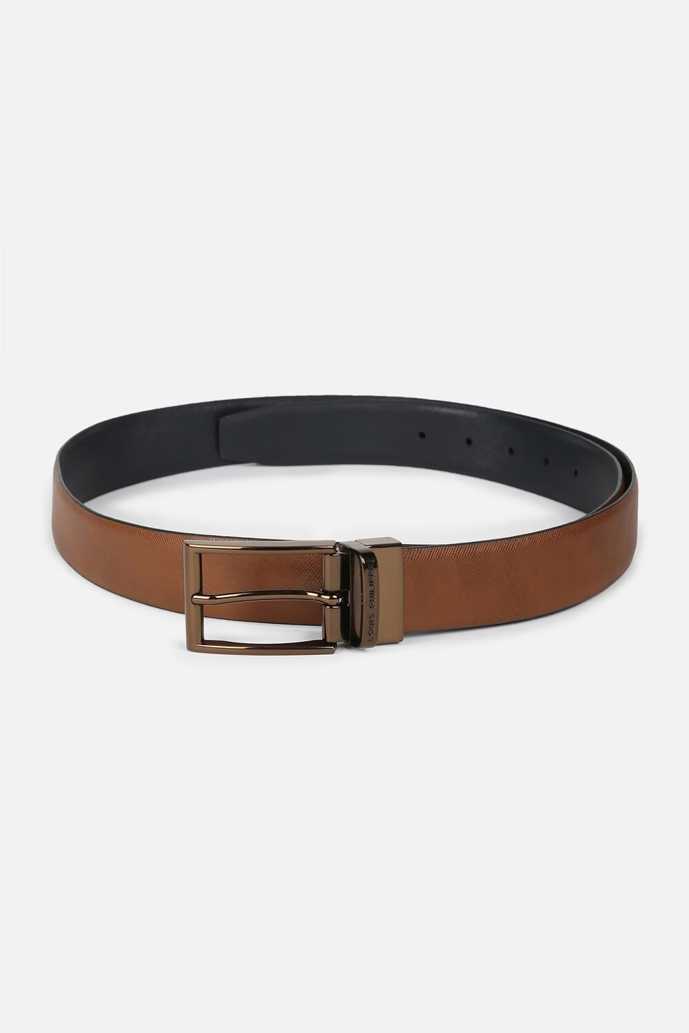 Louis Philippe Men Black & Brown Textured Reversible Formal Italian Leather with Coffee Gold Buckle Belt-Brown