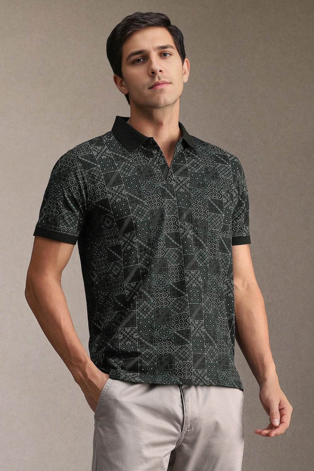 Men Black Print Polo Neck T-shirt-Black