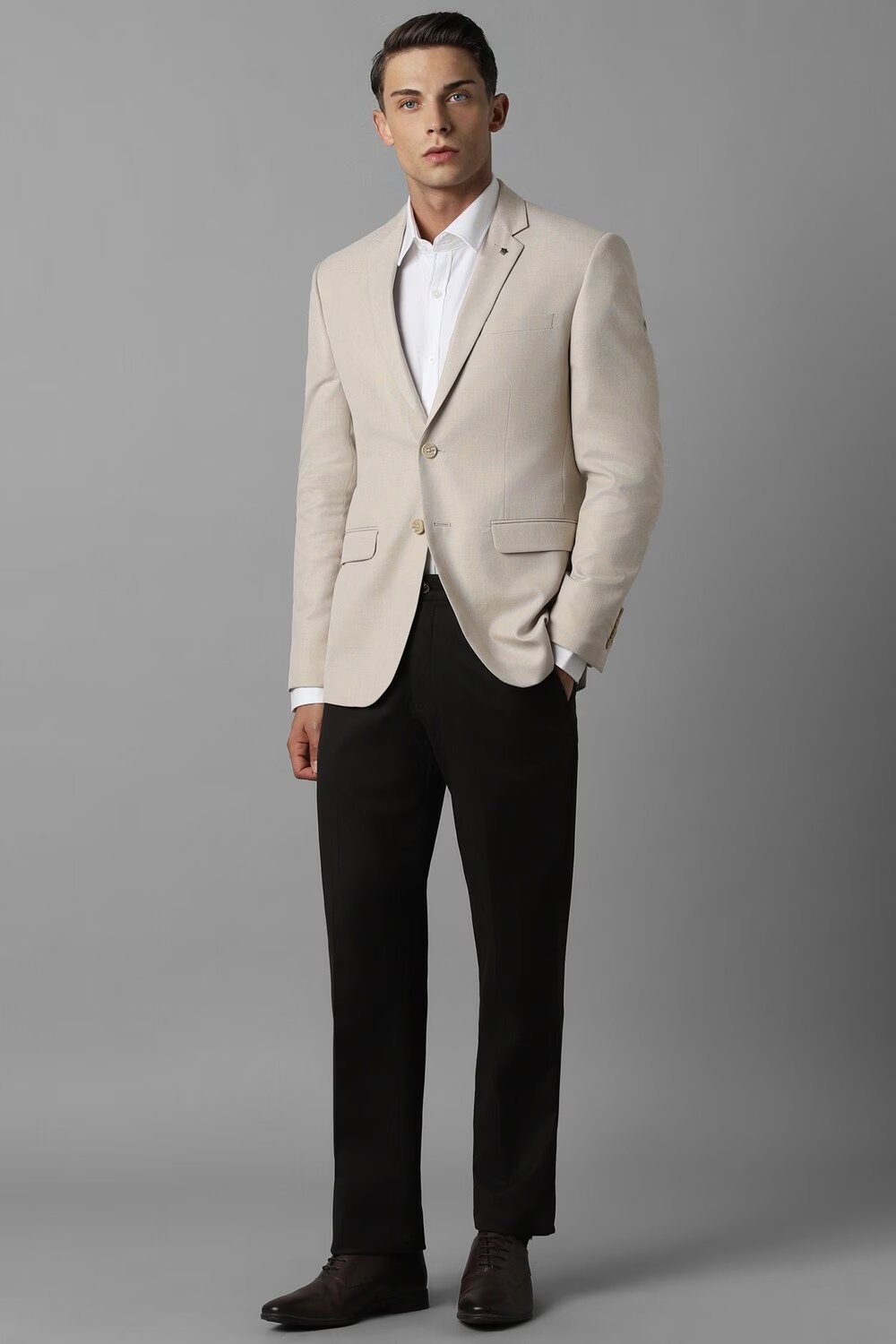 Men Beige Slim Fit Solid Formal Blazer-Beige