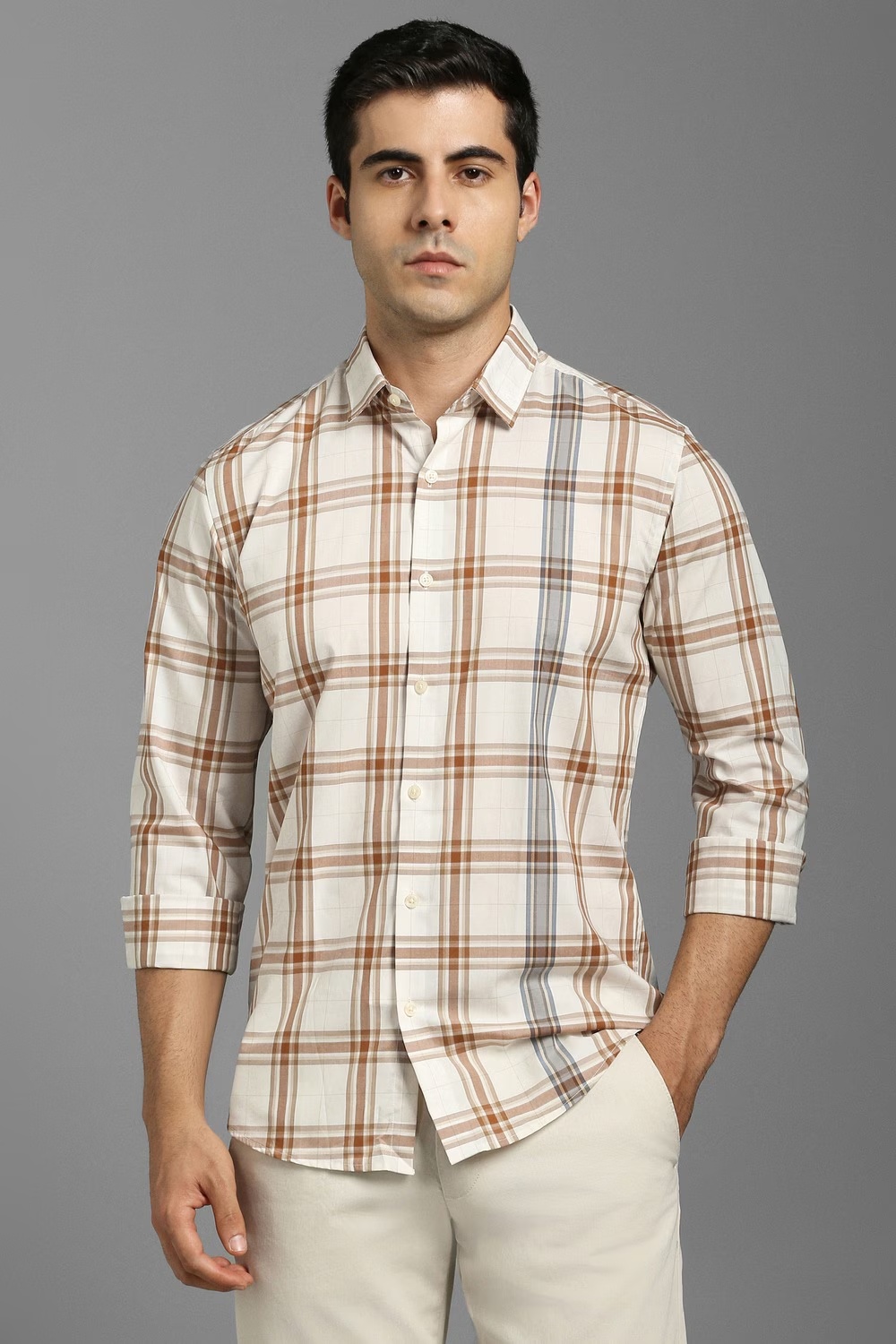 Men Beige Check Full Sleeves Casual Shirt-Beige