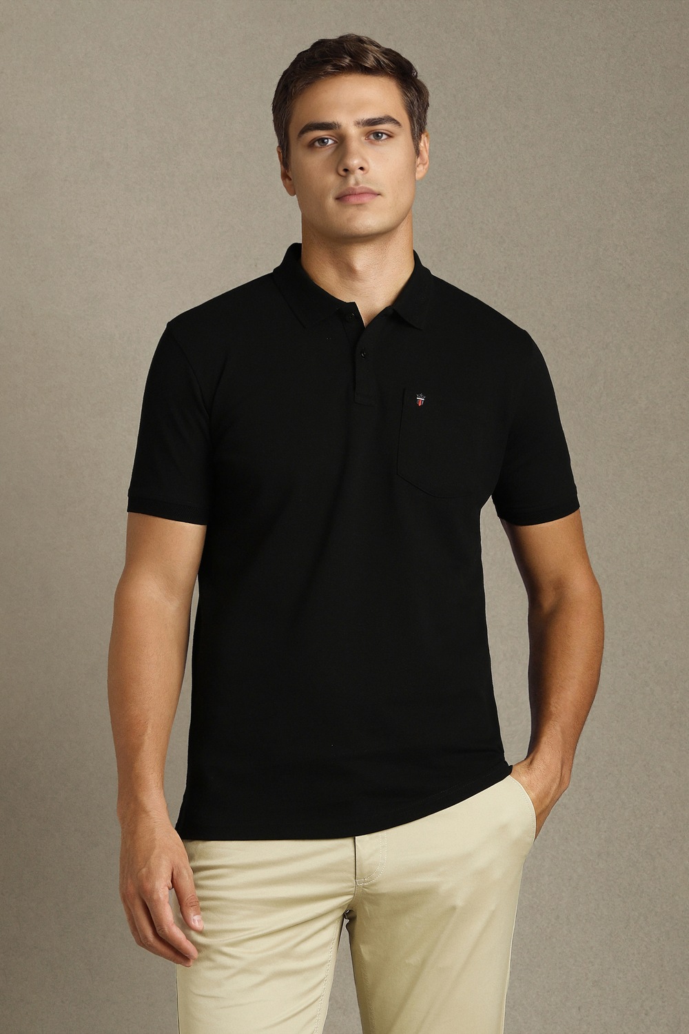Men Black Solid Polo Neck T-shirt-Black