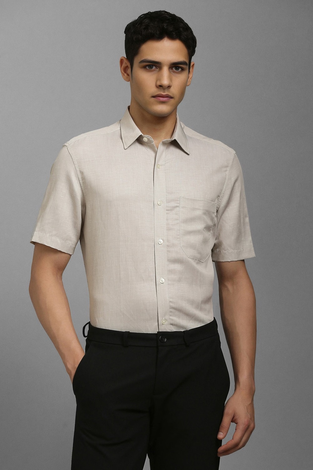 Men Beige Textured Half Sleeves Formal Shirt-Beige