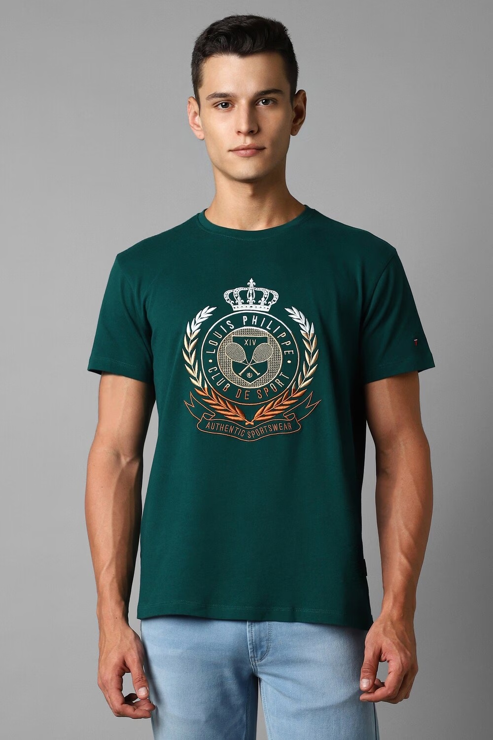 Men Green Embroidered Crew Neck T-shirt-Green
