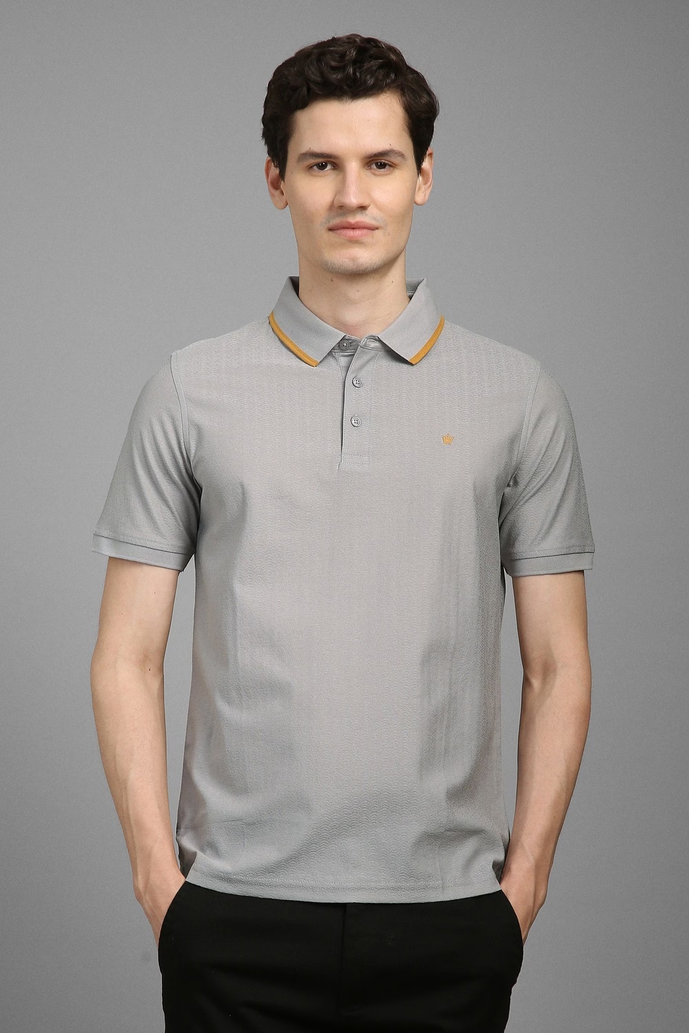 Men Grey Textured Polo Neck T-shirt-Grey