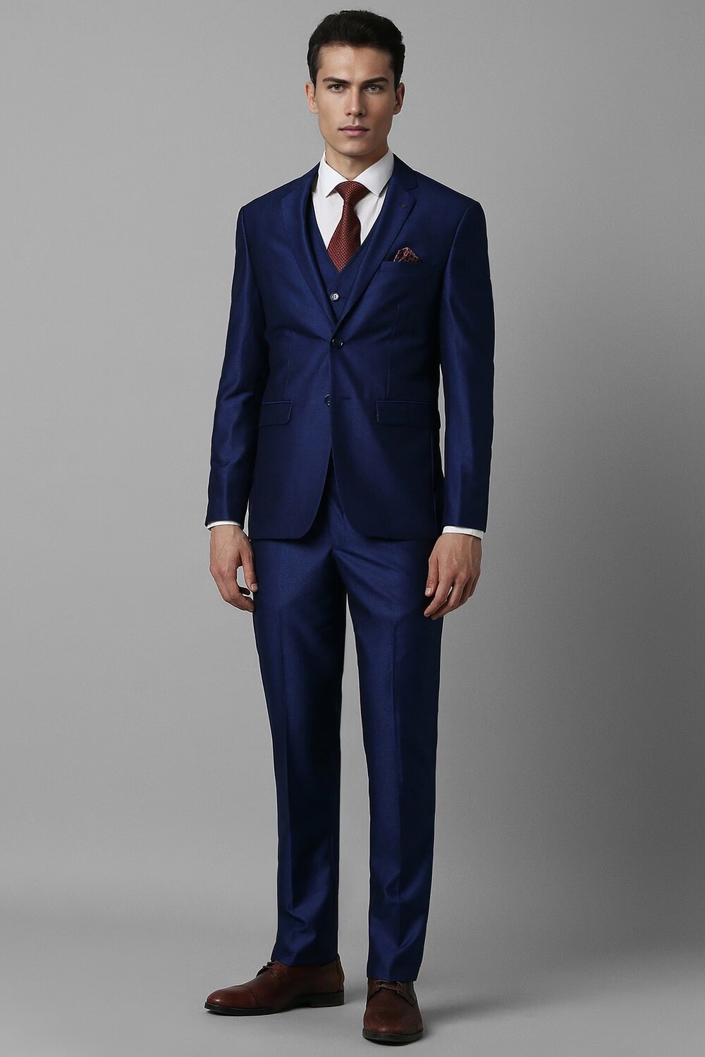 Men Navy Slim Fit Print Formal Three Piece Suit-Navy