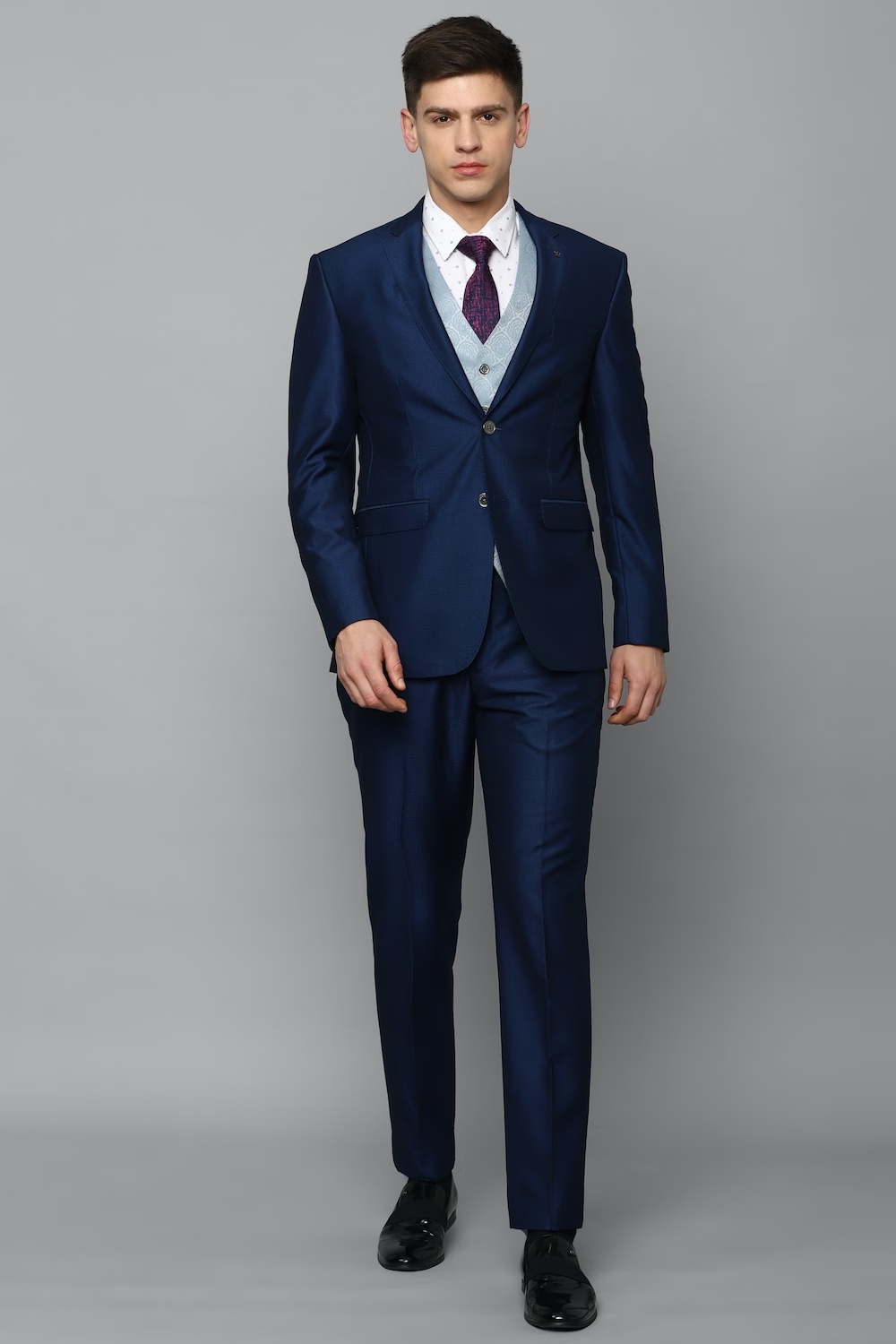 Men Navy Slim Fit Textured Formal Three Piece Suit-Navy