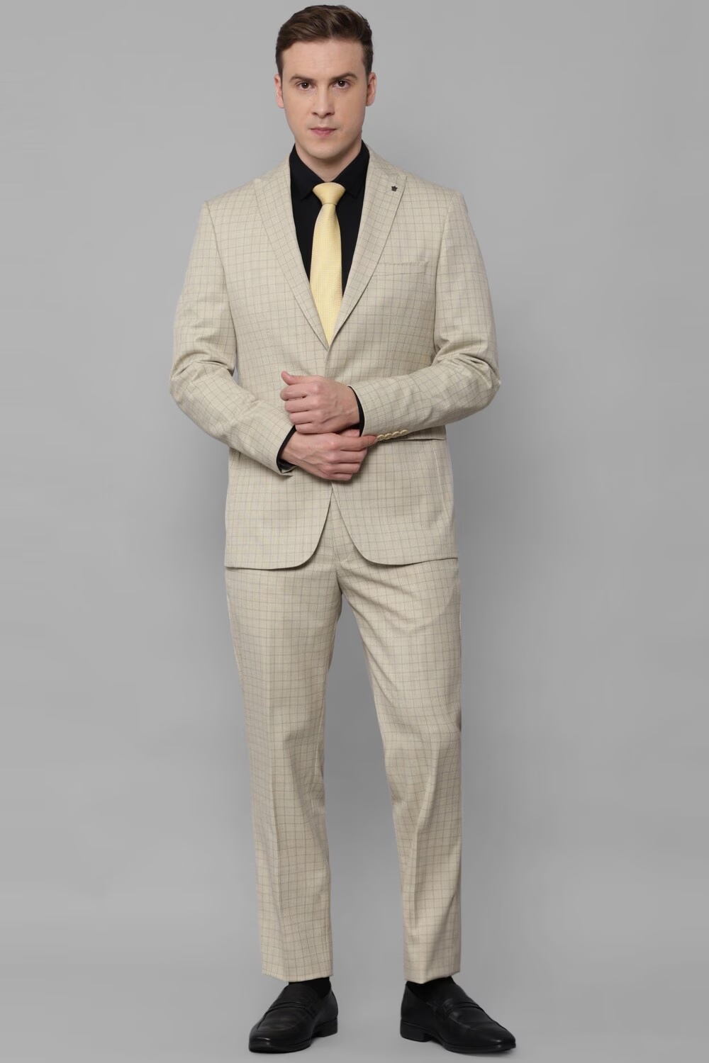 Men Beige Slim Fit Check Formal Two Piece Suit-Beige