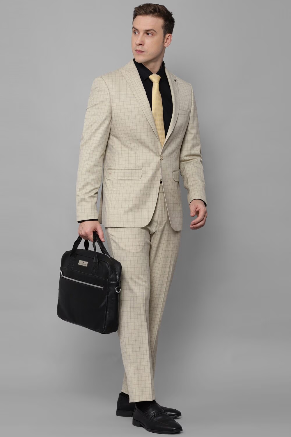 Men Beige Slim Fit Check Formal Two Piece Suit-Beige
