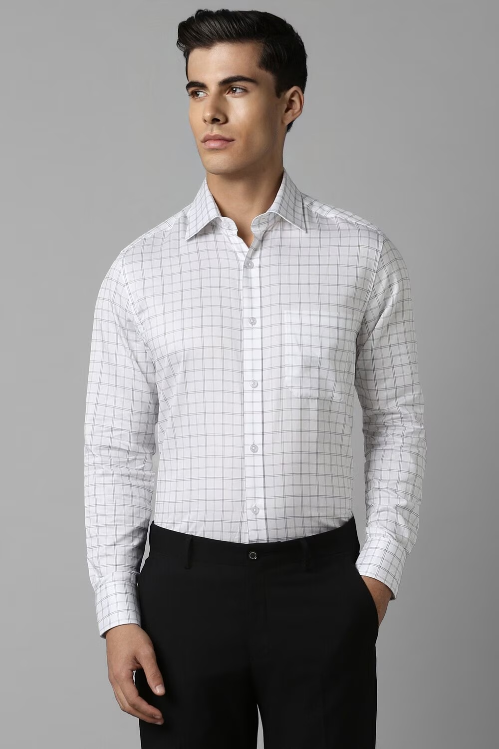 Men White Classic Fit Check Full Sleeves Formal Shirt-White