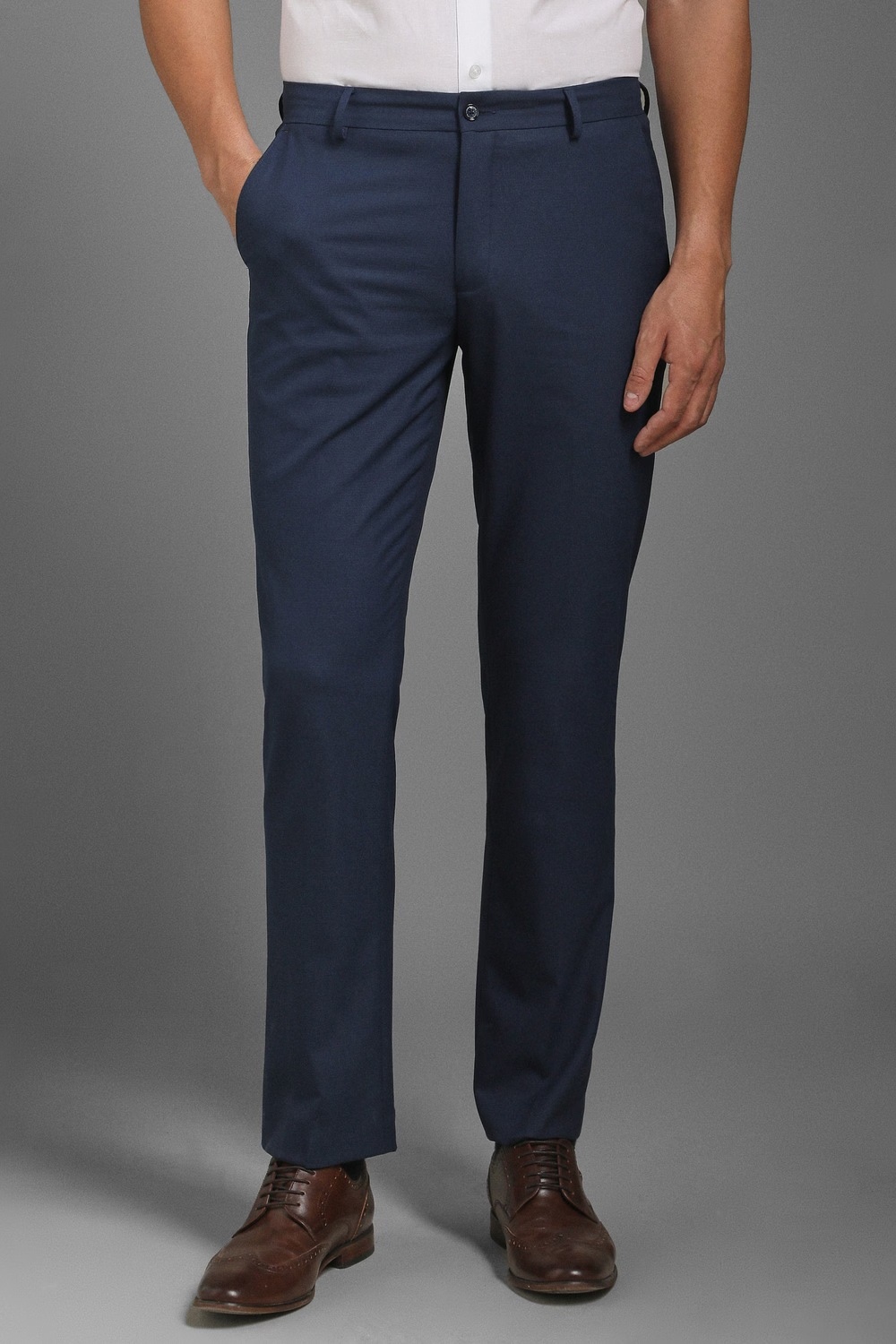 Men Navy Regular Fit Textured Flat Front Formal Trousers-Navy