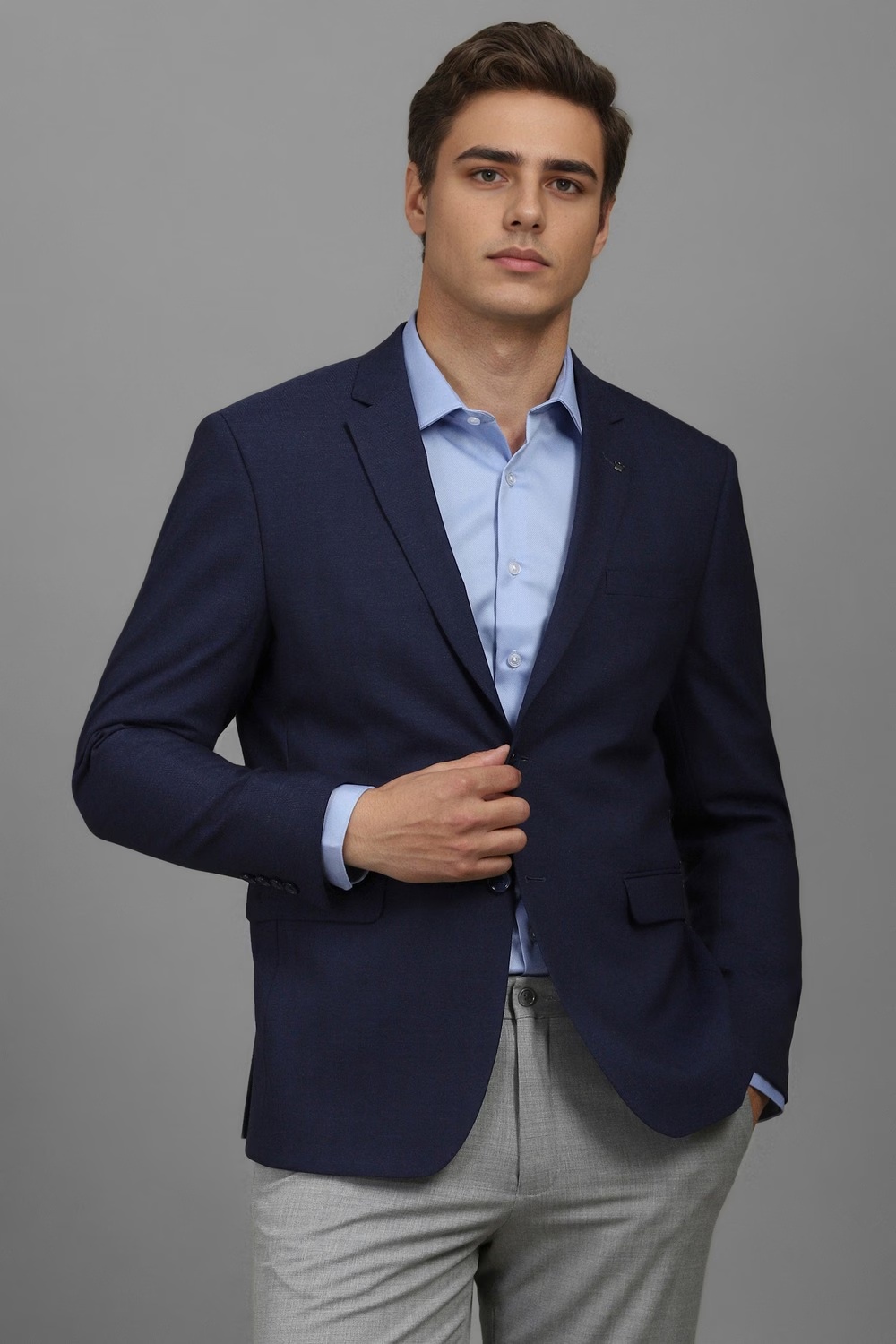 Men Navy Slim Fit Textured Formal Blazer-Navy