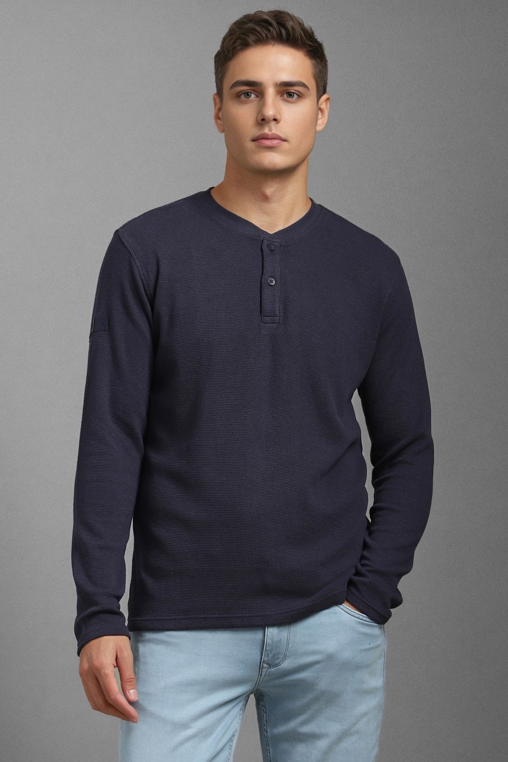 Men Navy Textured Henley Neck T-shirt-Navy