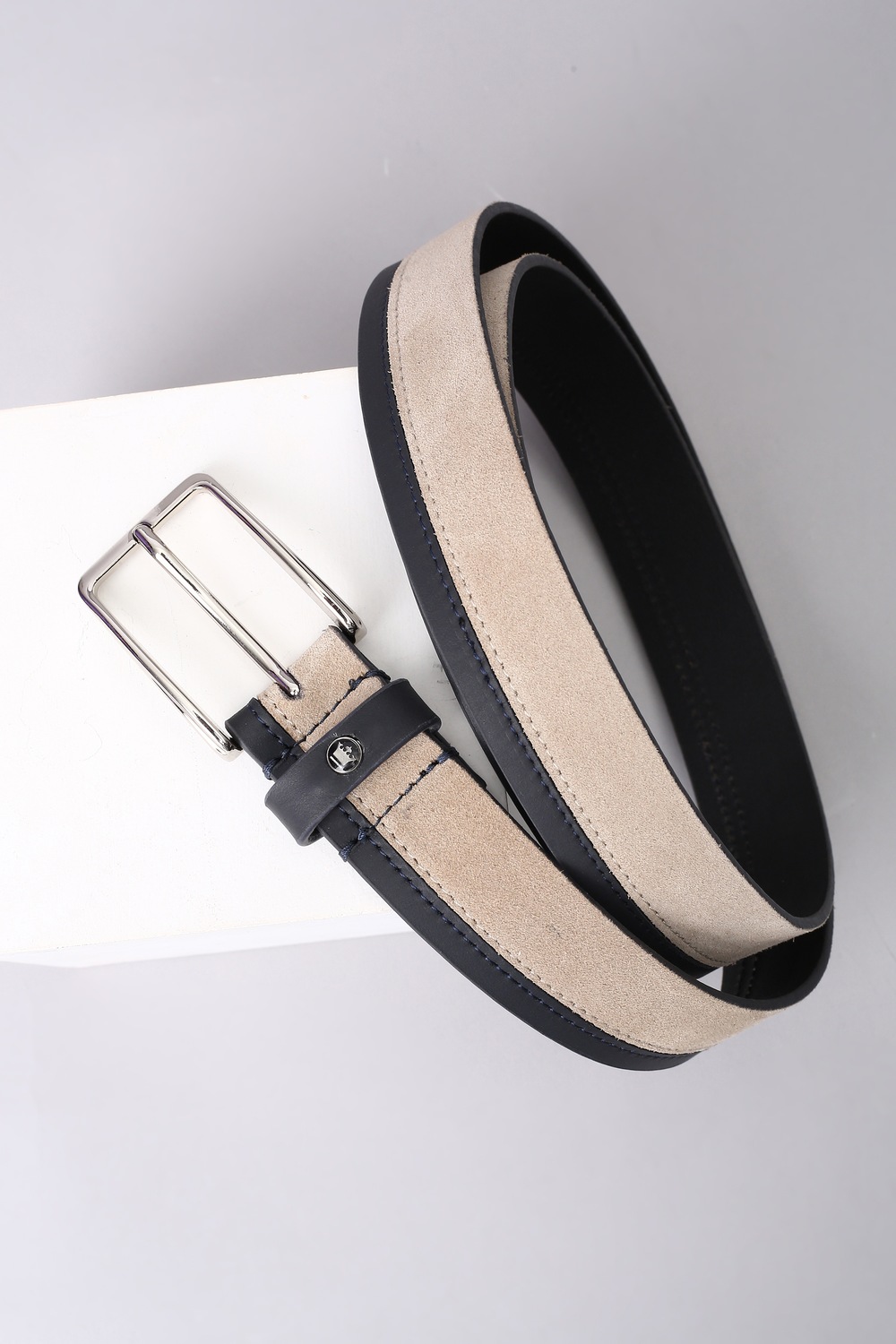 Men Beige Stripe Leather Casual Belt-Beige