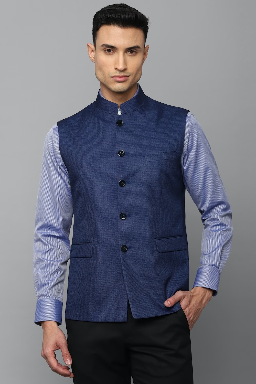 Men Blue Textured Slim Fit Party Nehru Jacket-Blue