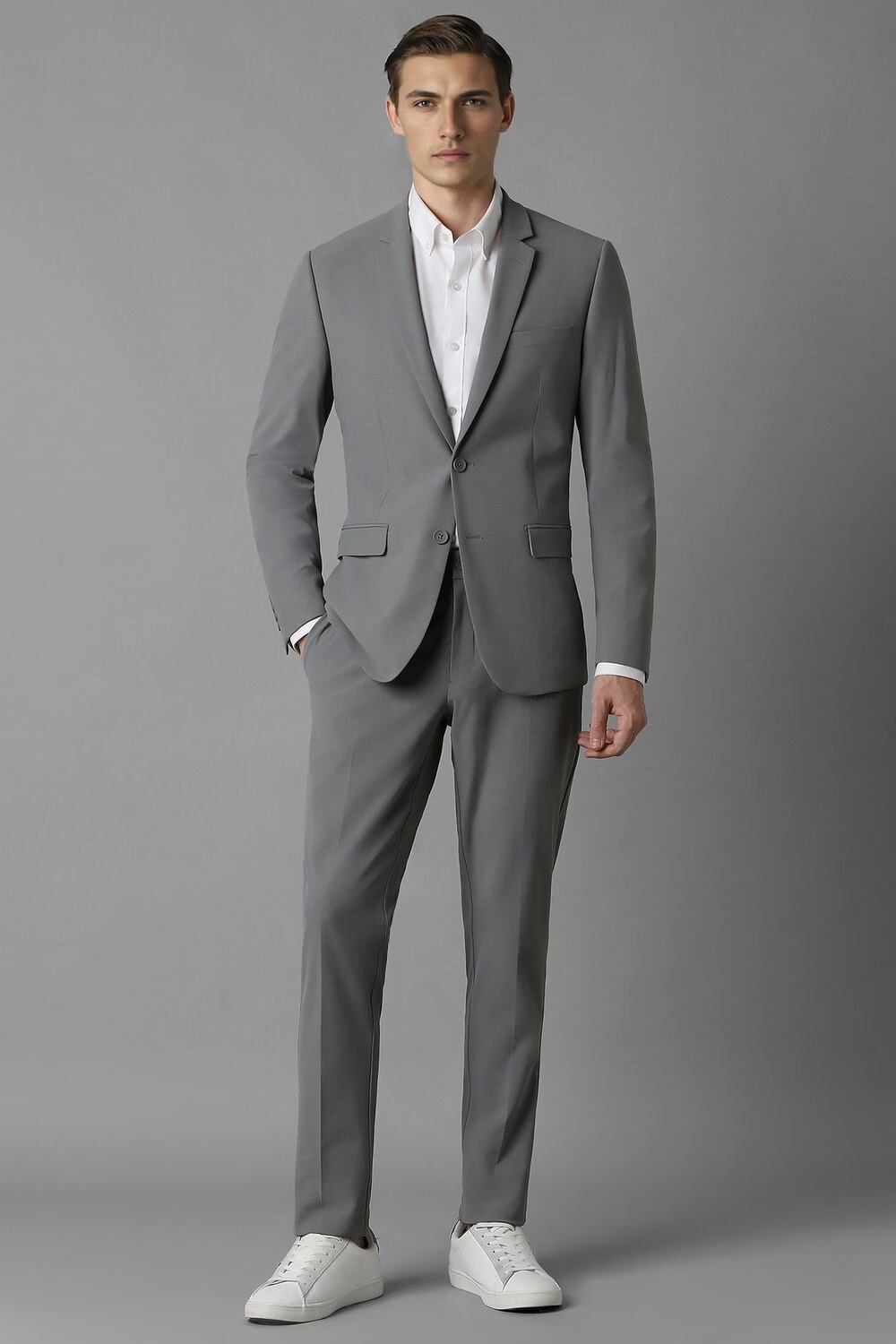 Men Grey Slim Fit Solid Casual Two Piece Suit-Grey