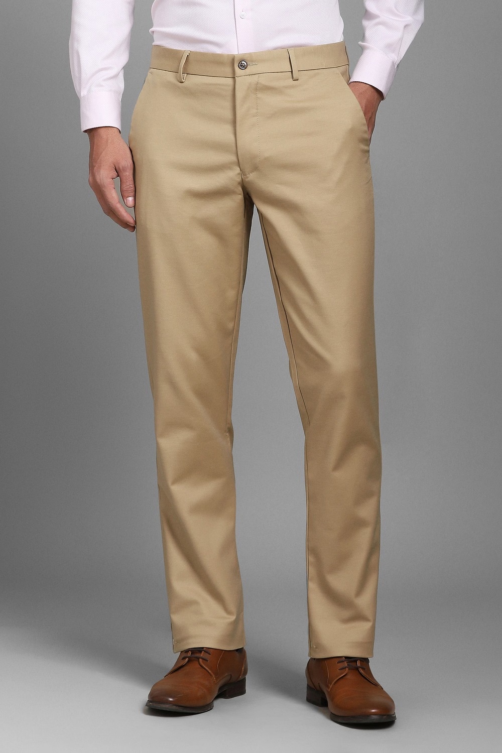 Men Beige Solid Flat Front Formal Trousers-Beige