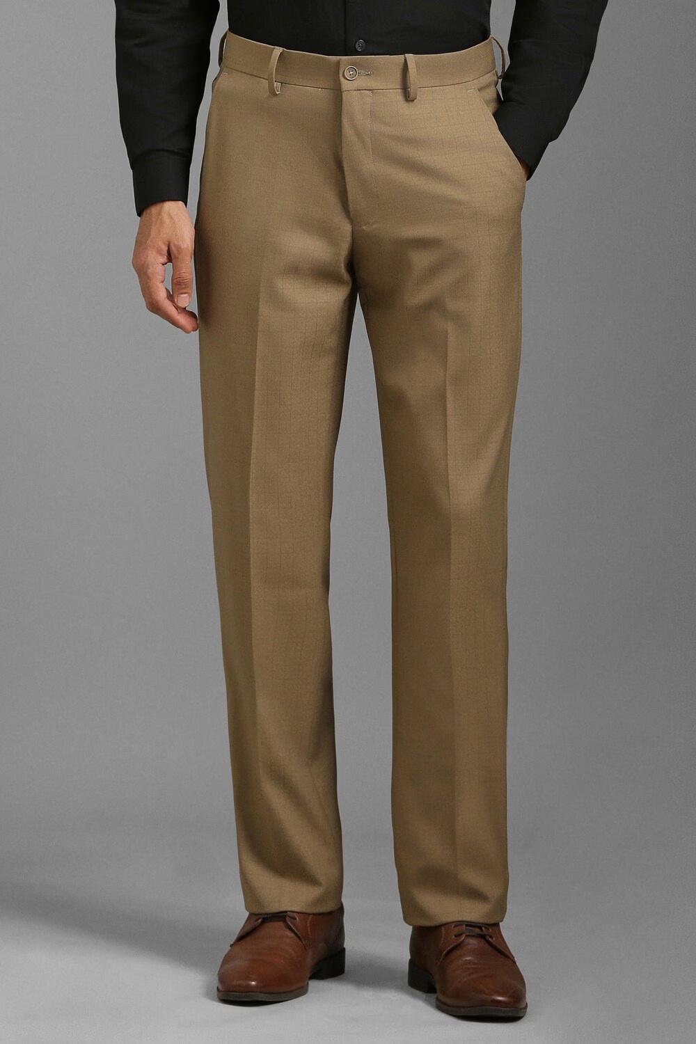Men Khaki Regular Fit Check Flat Front Formal Trousers-Khaki