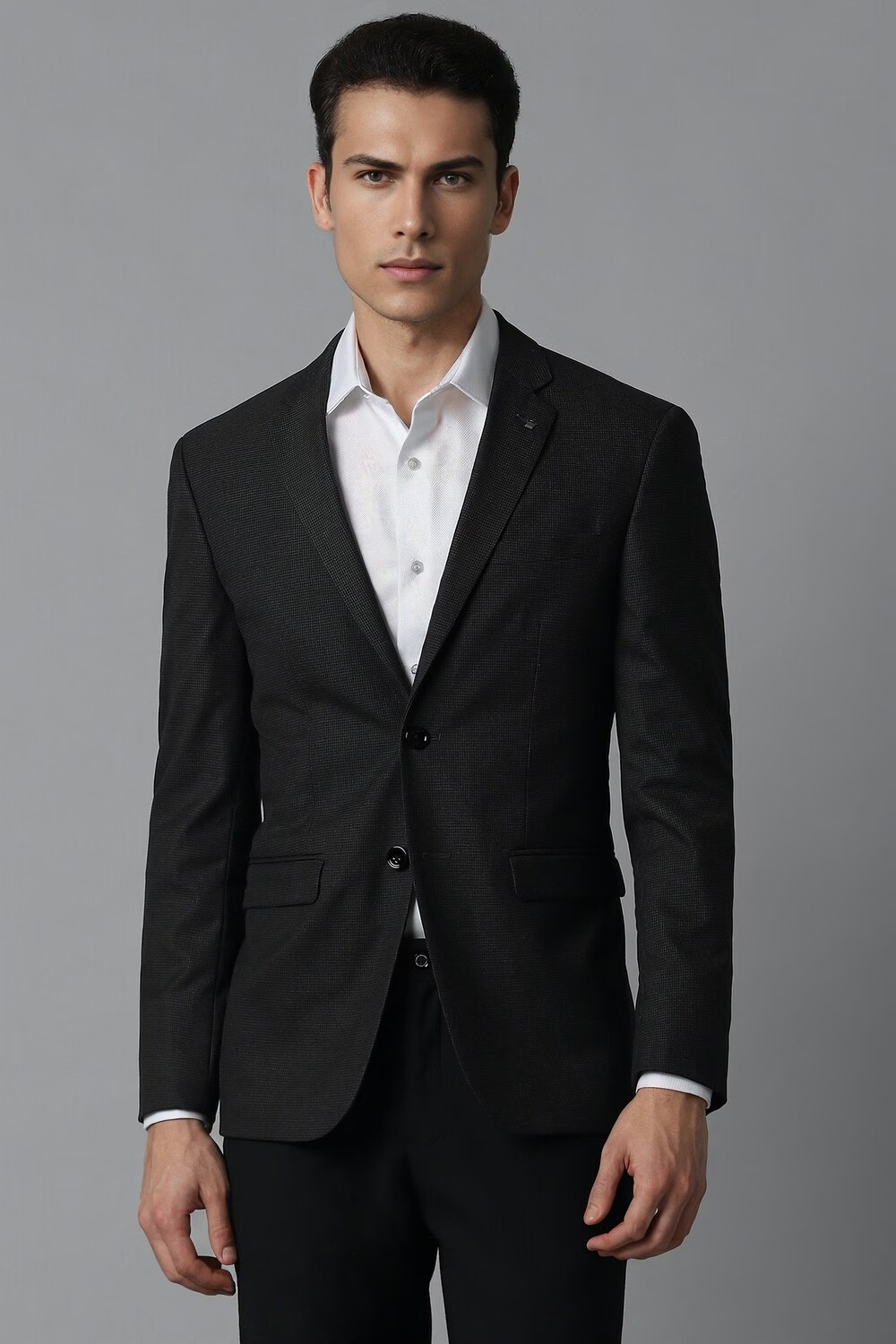 Men Black Slim Fit Check Formal Blazer-Black