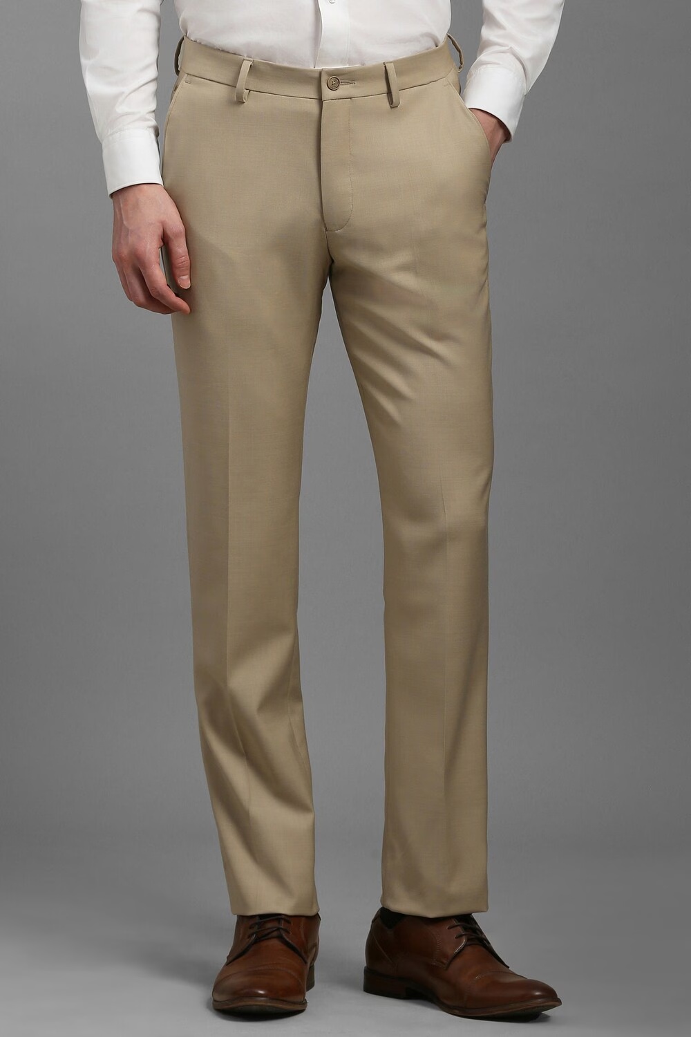 Men Beige Slim Fit Textured Flat Front Formal Trousers-Beige