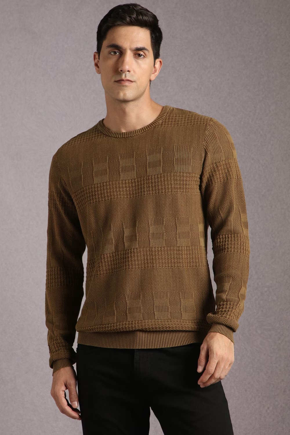 Men Brown Textured Crew Neck Full Sleeves Sweater-Brown
