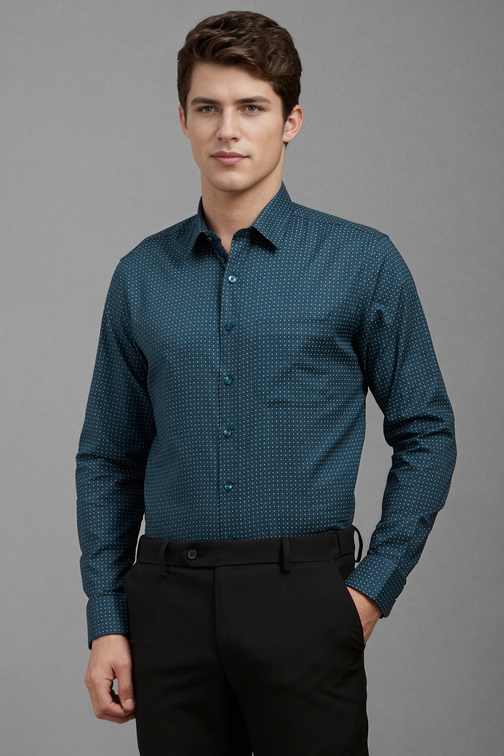 Men Navy Slim Fit Print Full Sleeves Formal Shirt-Navy