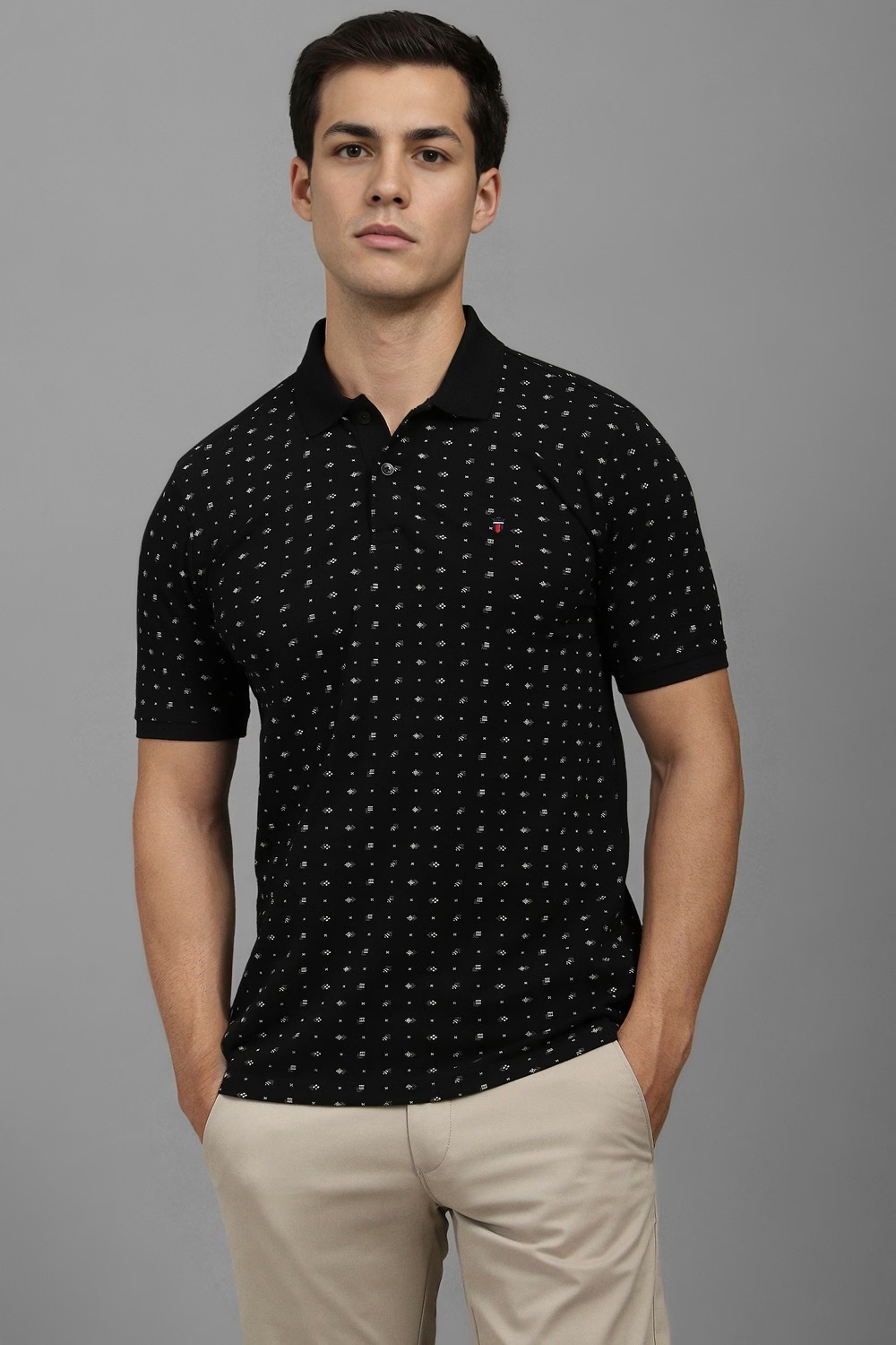 Men Black Print Polo Neck T-shirt-Black