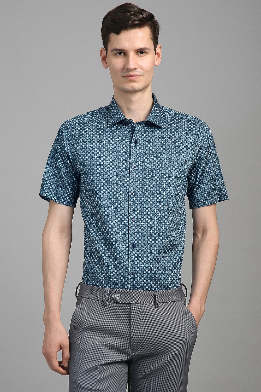Men Blue Print Half Sleeves Formal Shirt-Blue