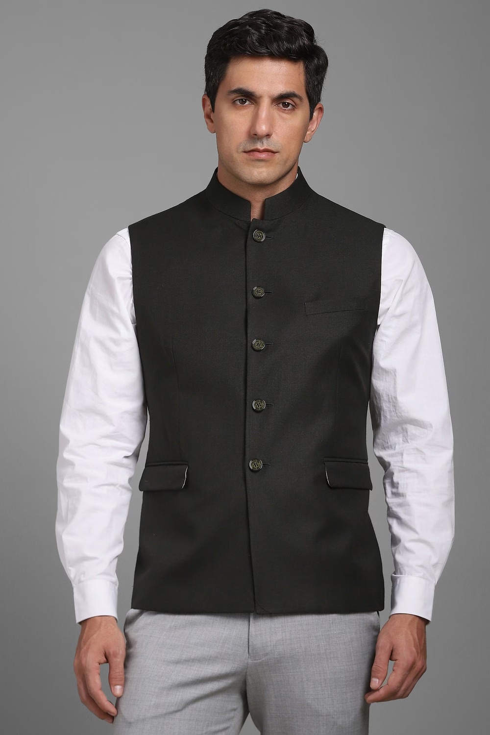 Men Black Solid Casual Nehru Jacket-Black