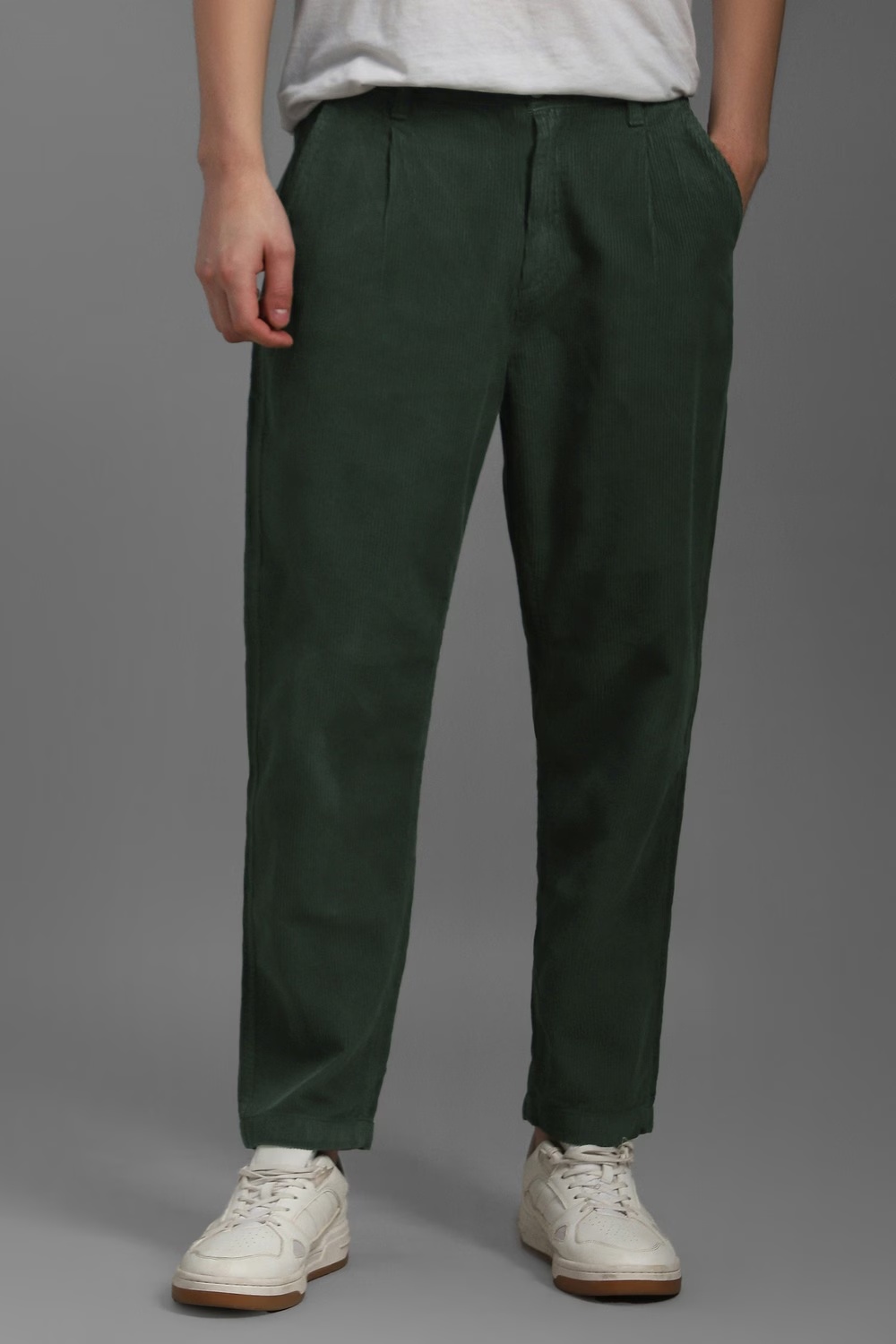 Men Green Regular Fit Textured Pleated Casual Corduroy Trousers-Green
